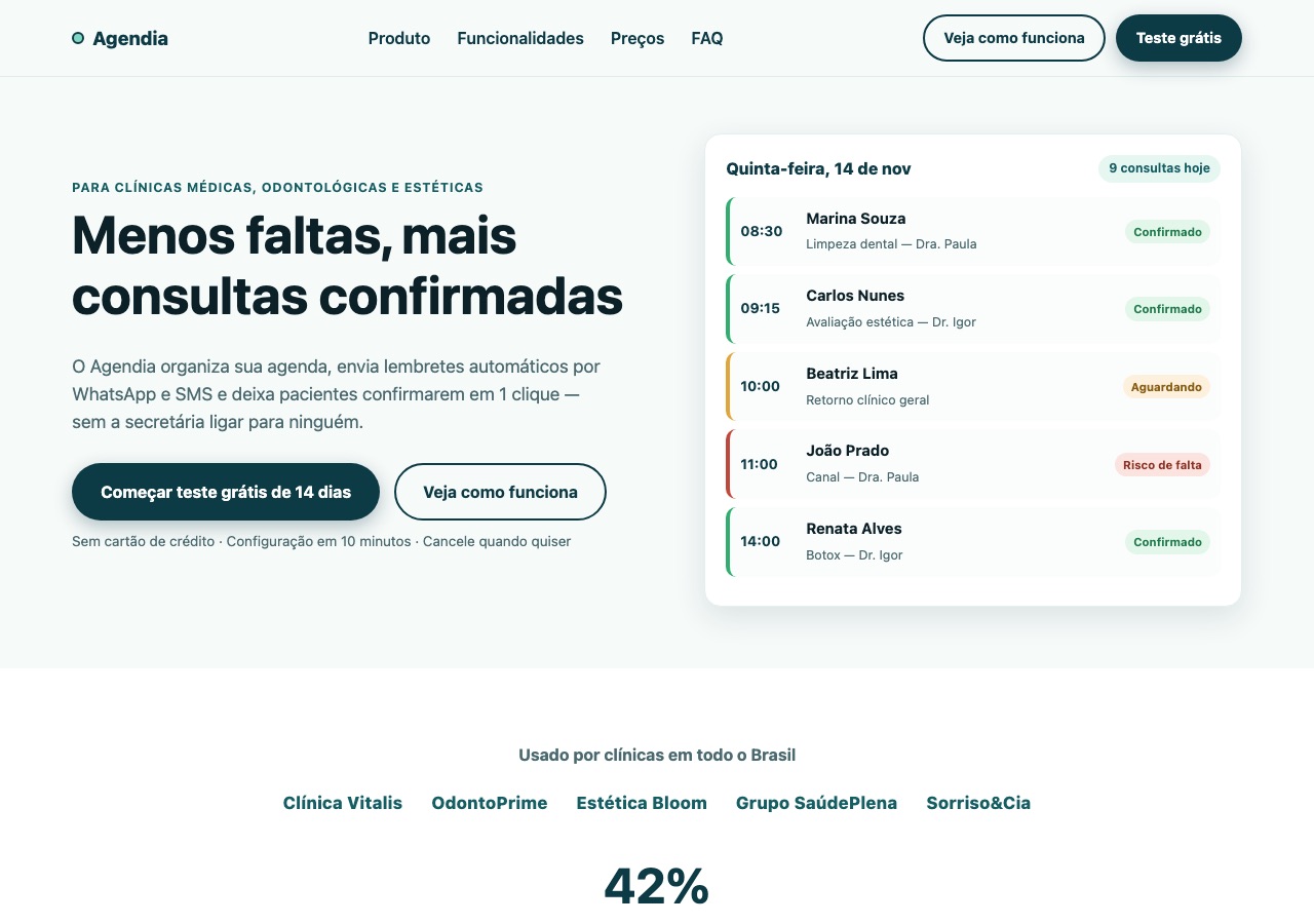 Landing page gerada a partir do prompt melhorado: paleta azul-petróleo, agenda com pacientes e status, um número de prova social.
